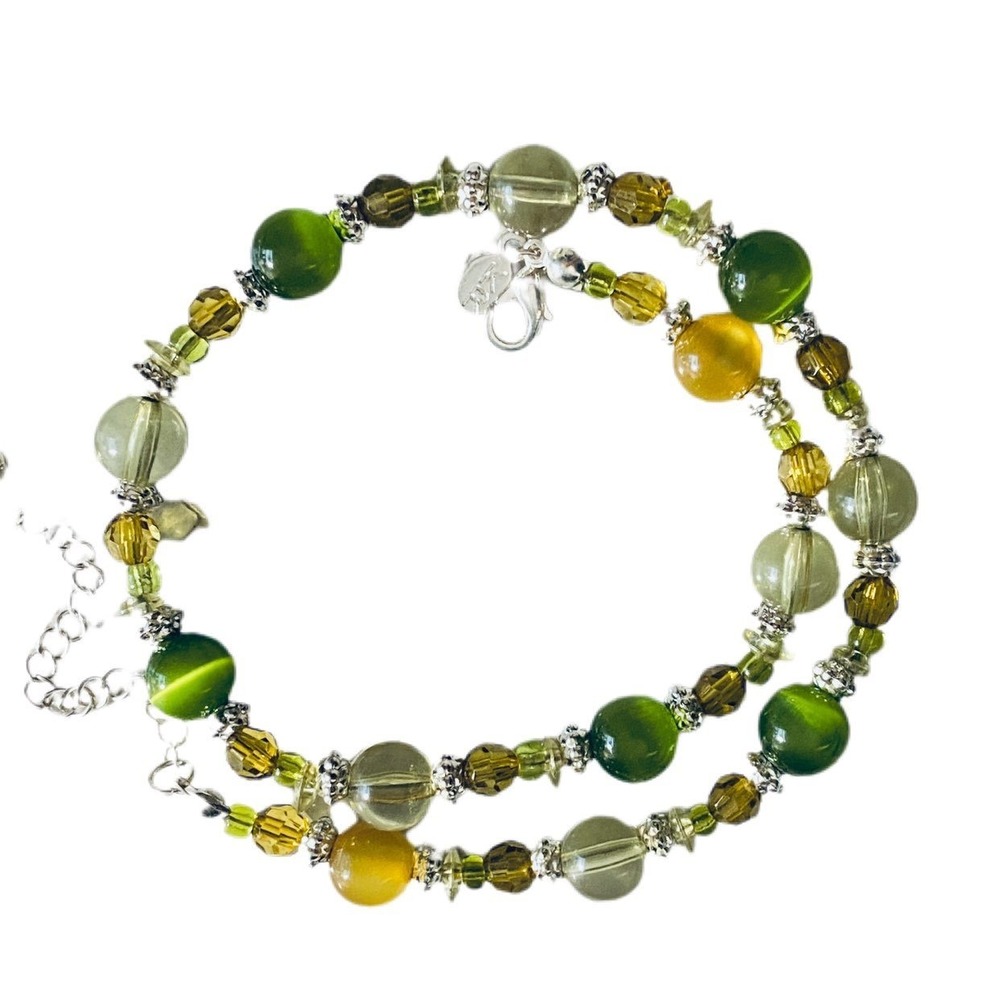 Green glass, yellow and clear lucite, crystals bead necklace